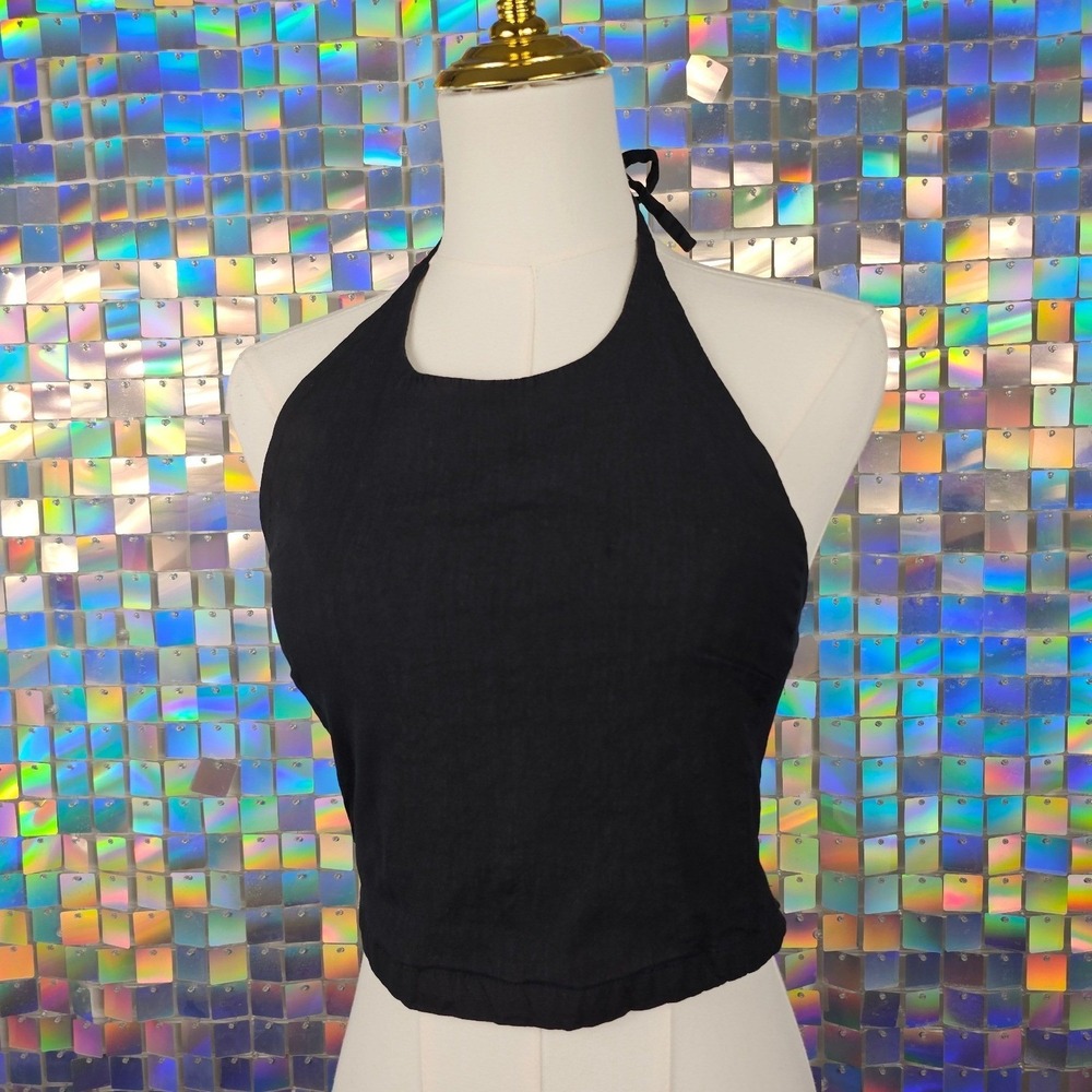 Athleta "Paradise" Halter Top Womens XS Black Linen Blend Side Zip Tie Neck